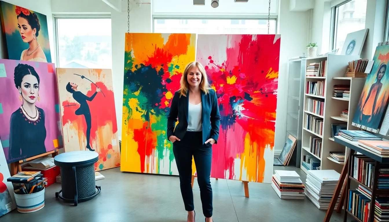 artist working in a colorful, modern art studio.