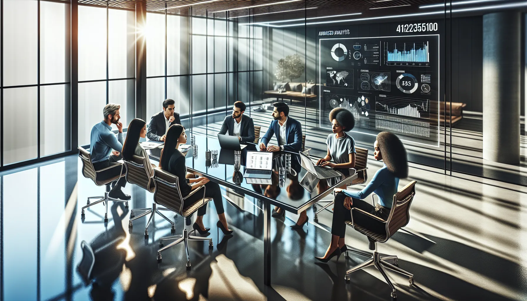 diverse team analyzing data related to 4123635100 in a modern office.