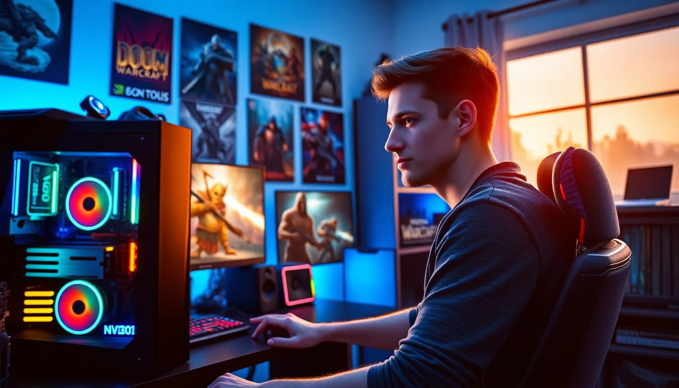 a gamer at a high-tech PC setup surrounded by gaming memorabilia.