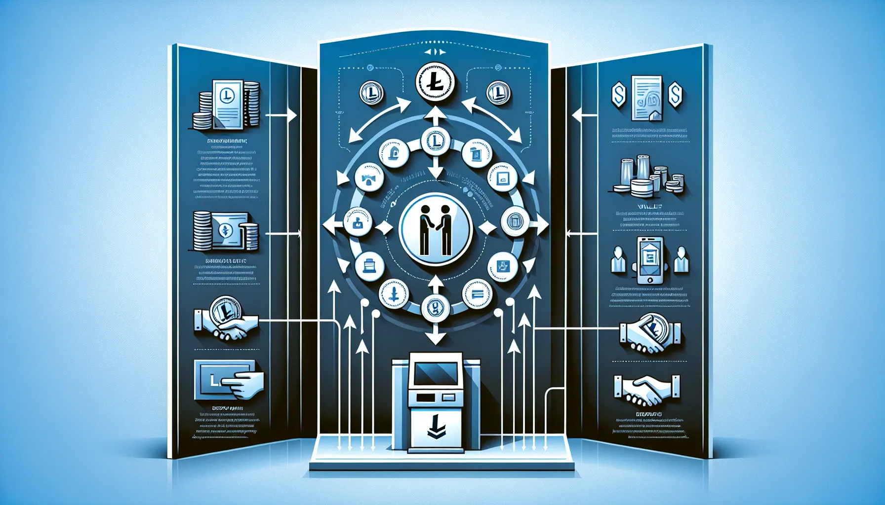 Three-panel infographic showing methods to convert Litecoin to cash in the UK.