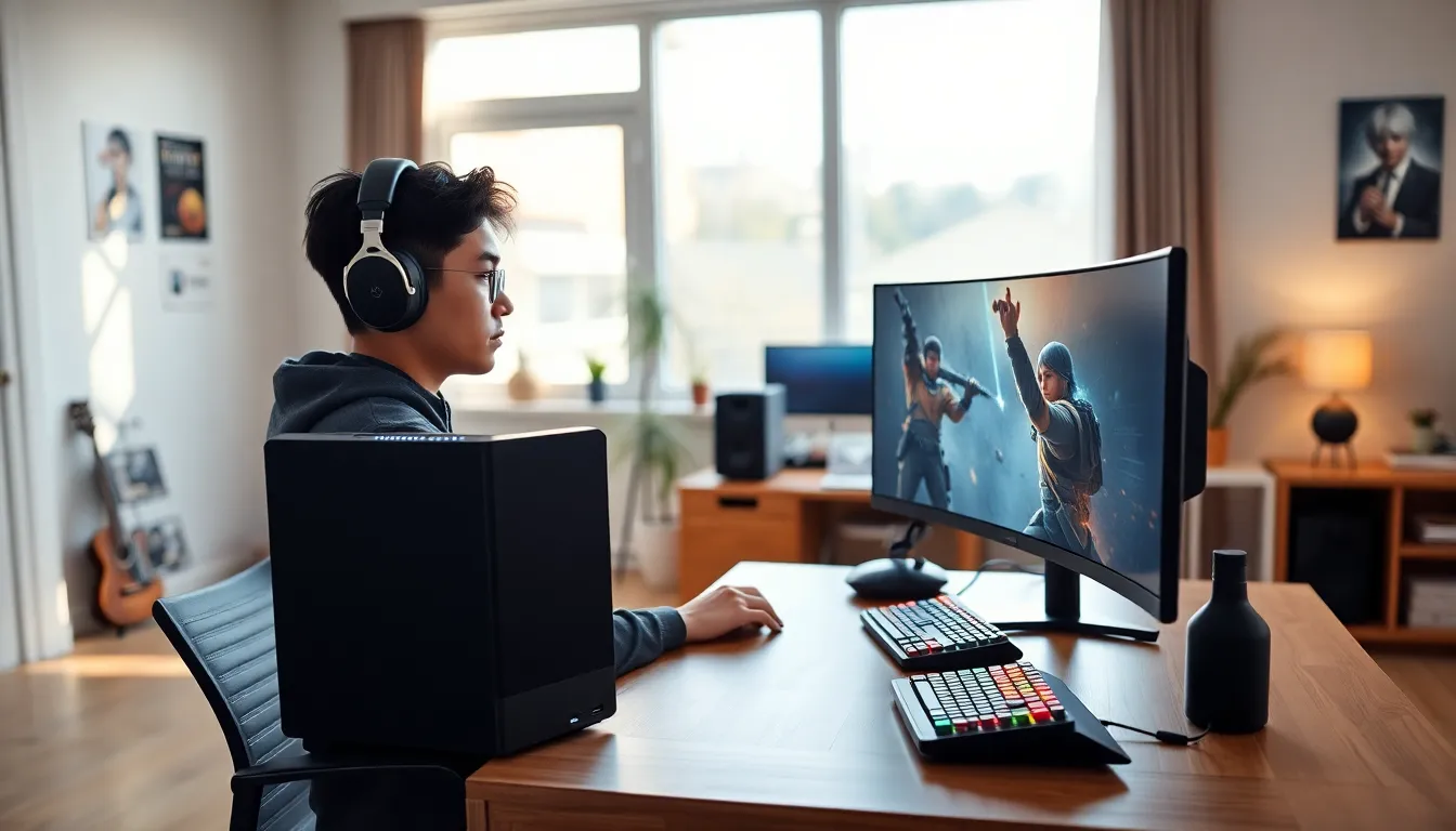 a young gamer intensely focused on a portable gaming PC in a modern living room.