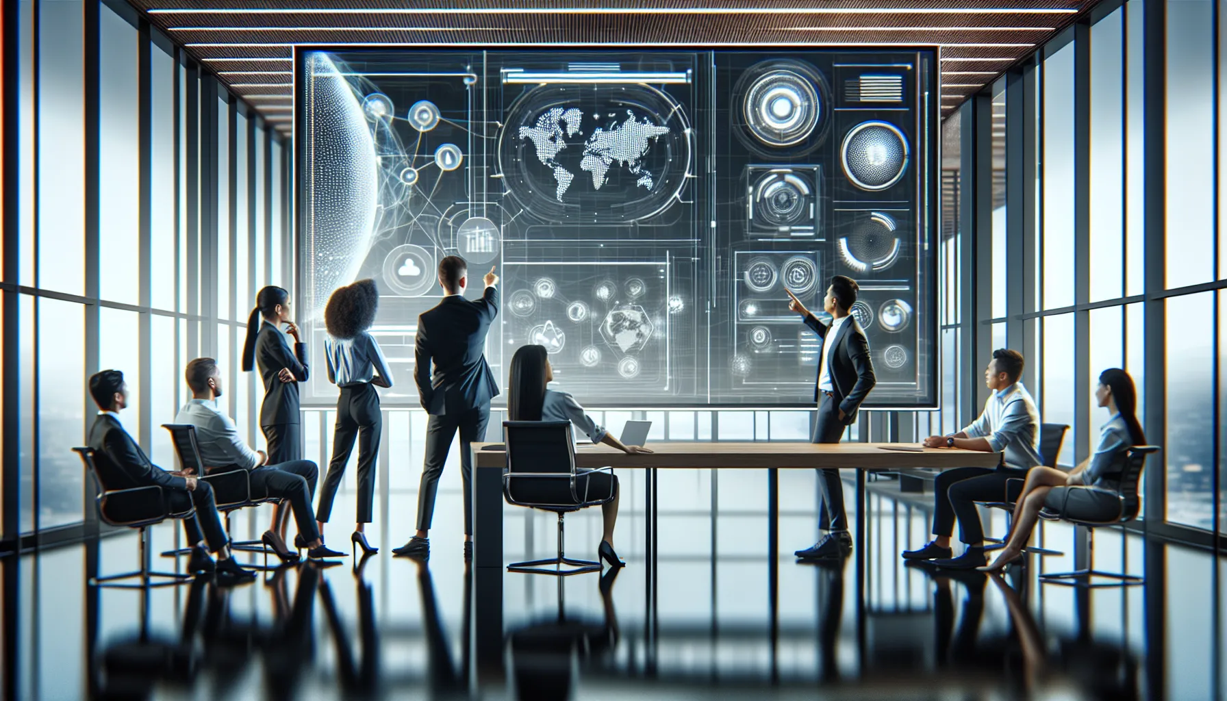 professionals collaborating around a high-tech screen in a modern office.