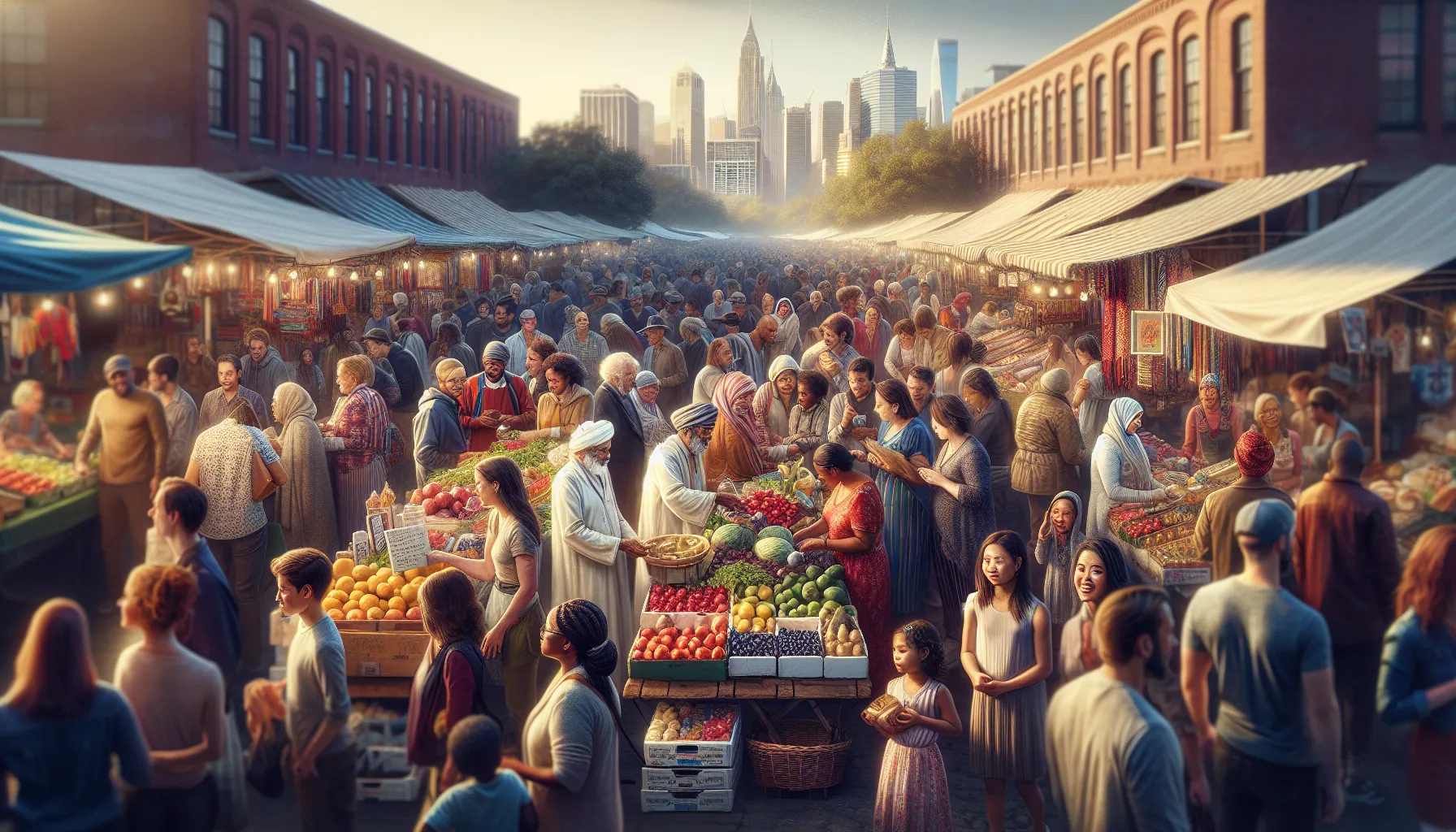 busy street market with diverse vendors and customers.