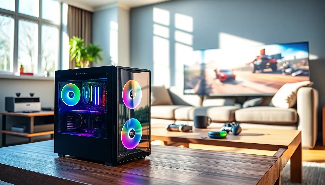 A compact transport gaming PC in a cozy living room setting.