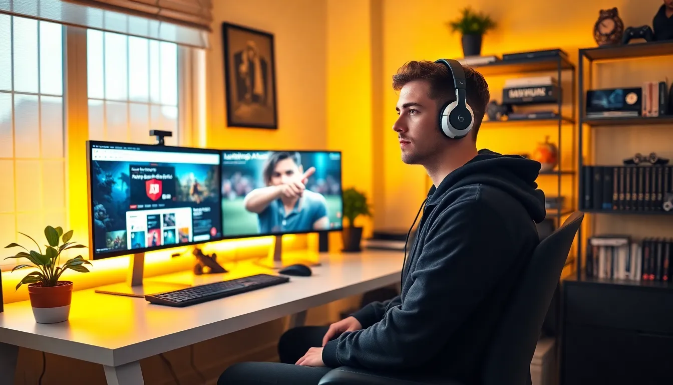 a gamer at a desk with multiple monitors and gaming guides displayed.