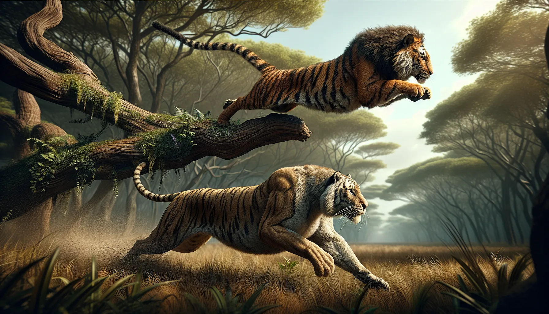 A tiger in a jungle and a lion in a savanna, both mid-motion.
