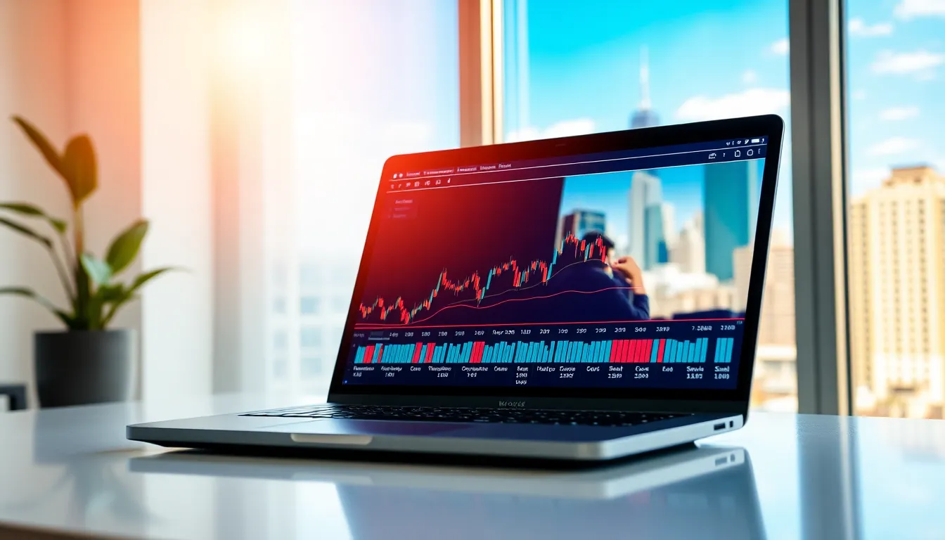 A laptop displaying cryptocurrency trading graphs in a modern office.