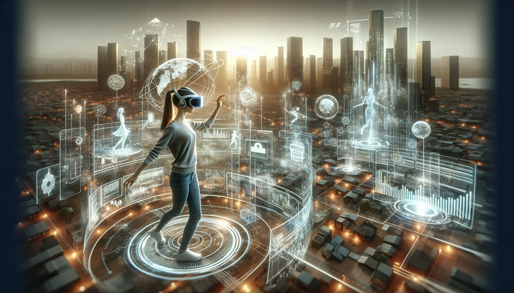 A person using a futuristic Mixed Reality headset with holographic displays.