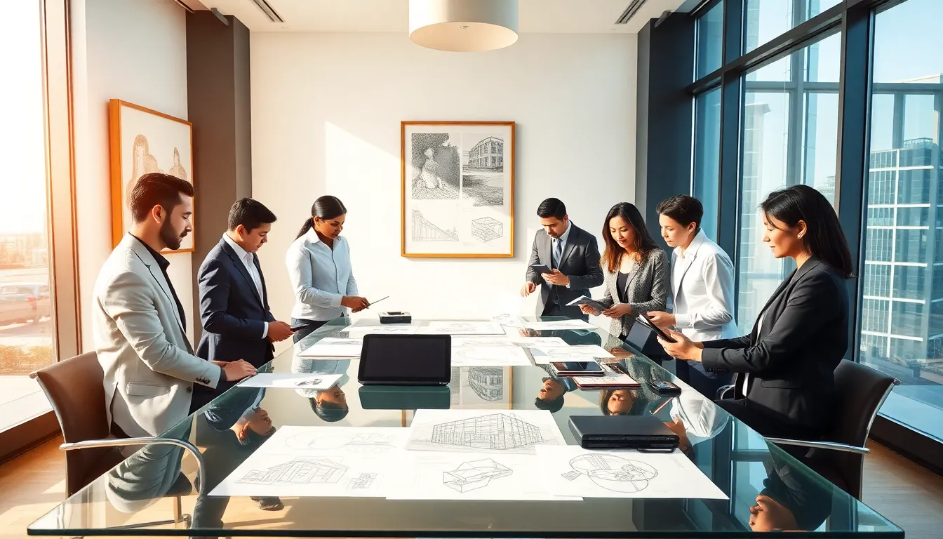 professionals collaborating in a modern workspace focused on design and technology