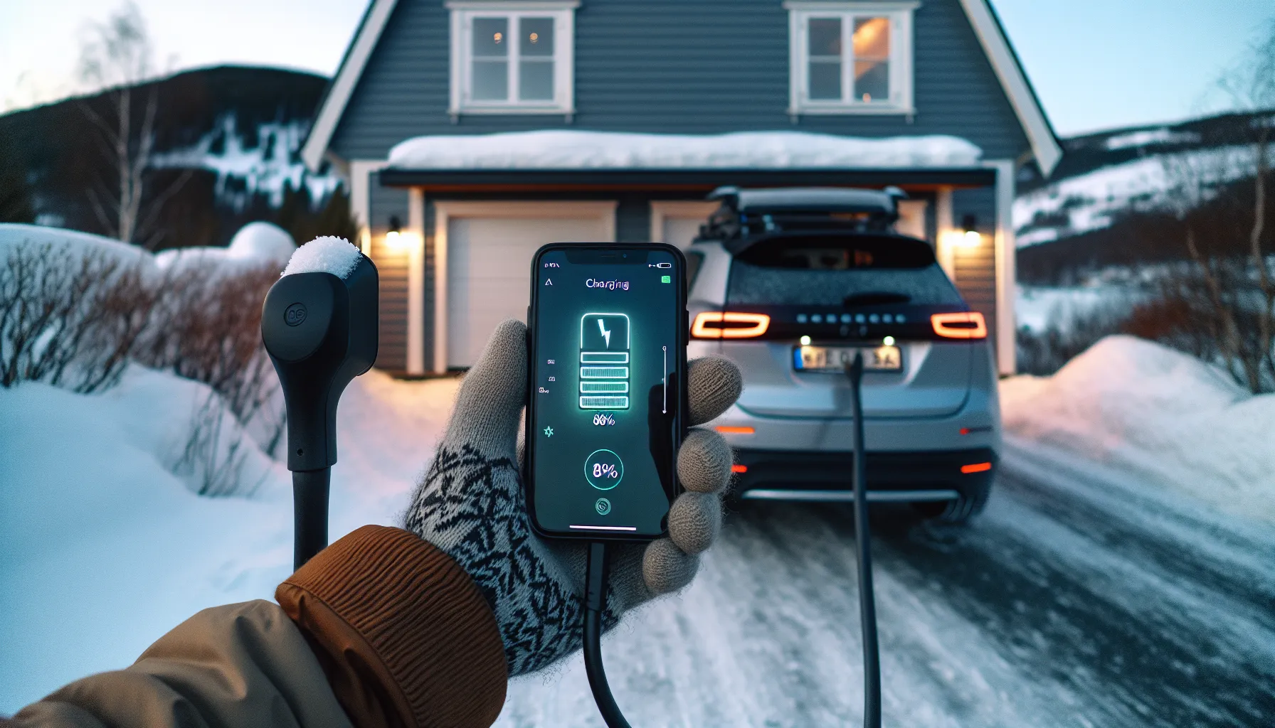 Driver sets 80% charge limit on phone beside ac-charging ev in snowy norway.