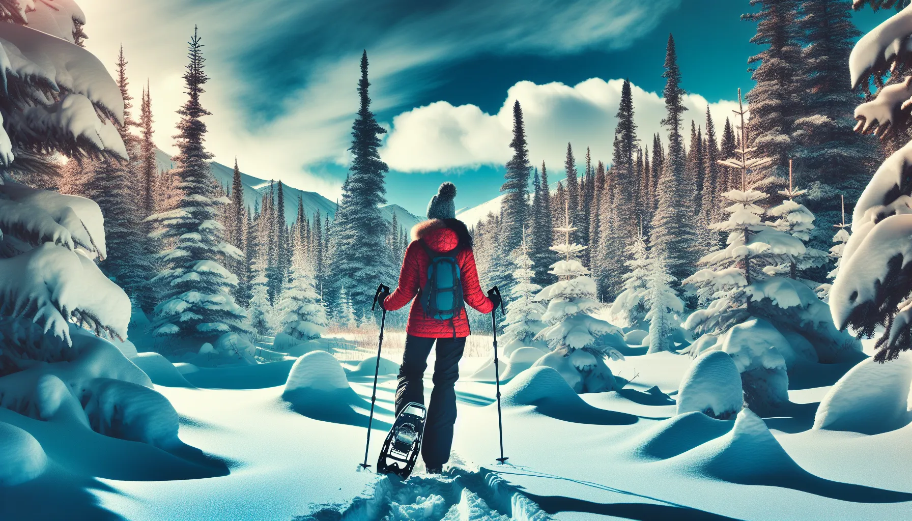 A person snowshoeing through a tranquil snowy forest trail.