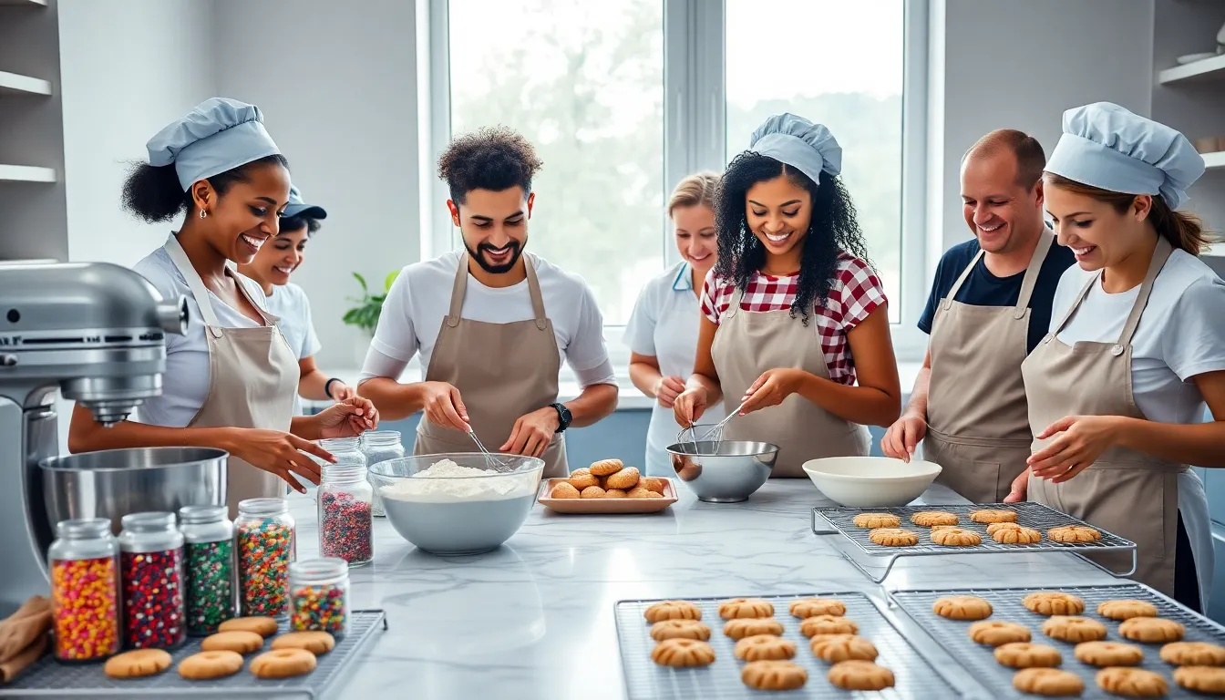 diverse bakers joyfully preparing cookies in a modern kitchen.