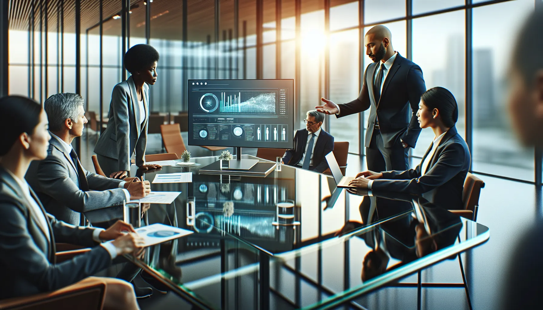 diverse team discussing data analysis in a modern office.