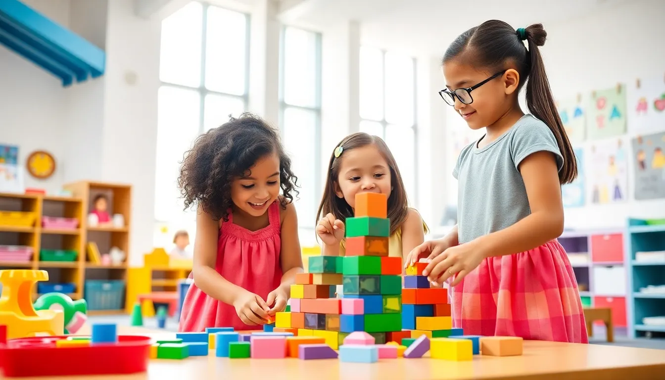 diverse children playing with blocks in a colorful learning center.