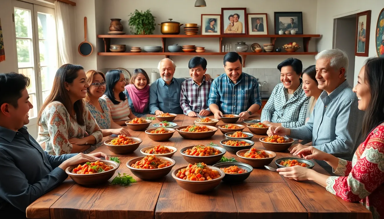 diverse group enjoying Babaijdu around a rustic wooden table.
