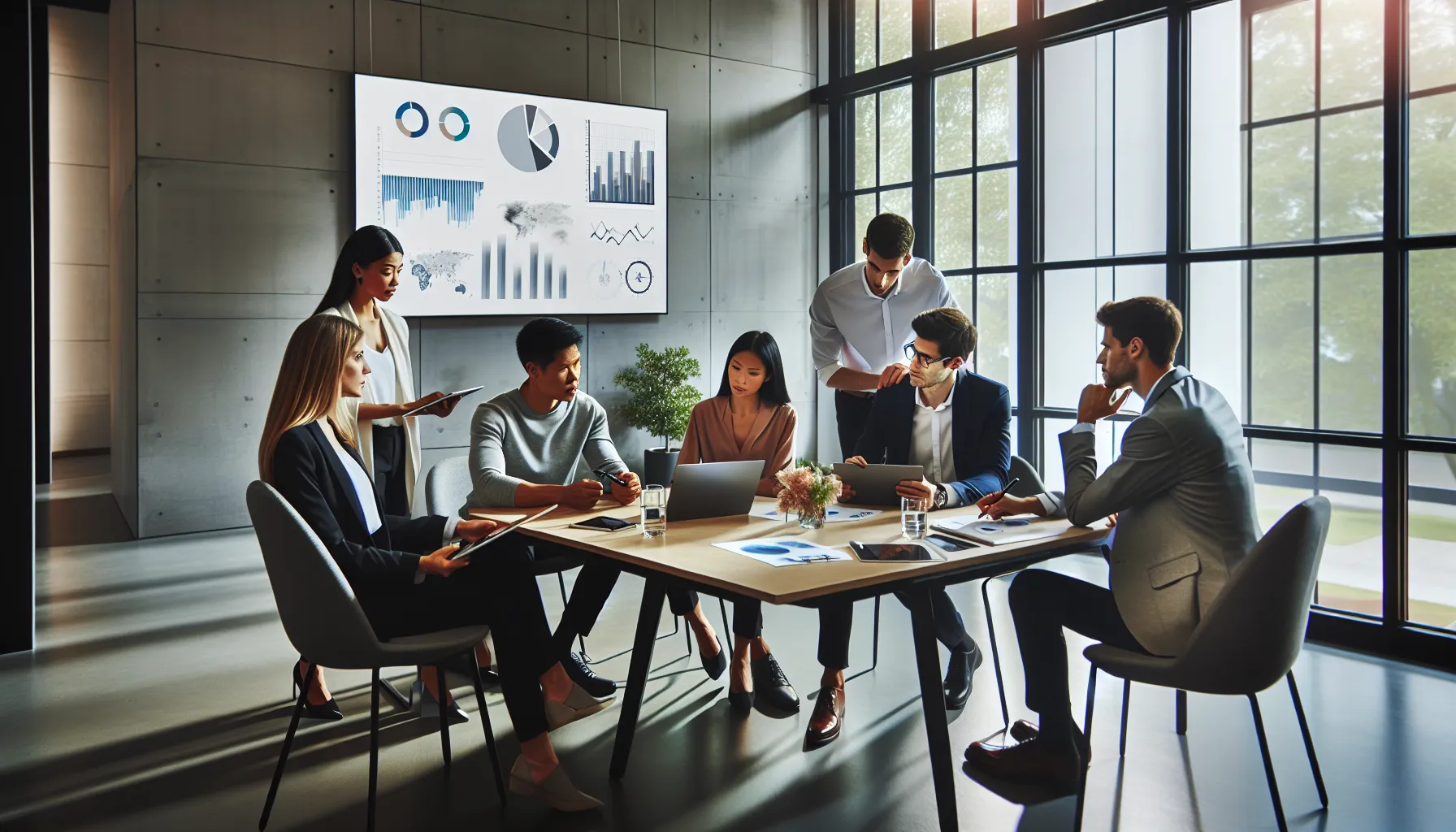 diverse team collaborating in a modern office on data-driven concepts.