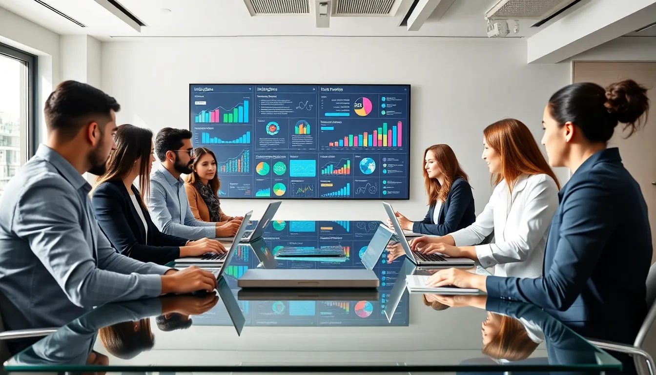 Diverse professionals collaborating on digital marketing strategies in a modern office.