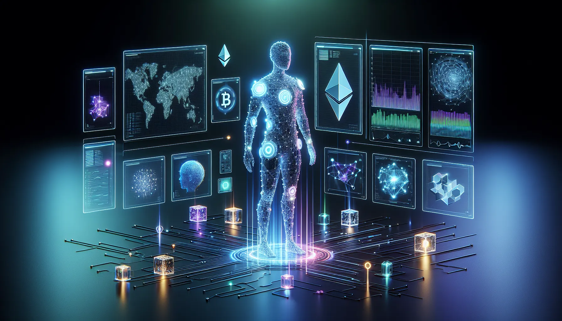 3D render of AI agent surrounded by holographic crypto trading charts and blockchain data visualizations.