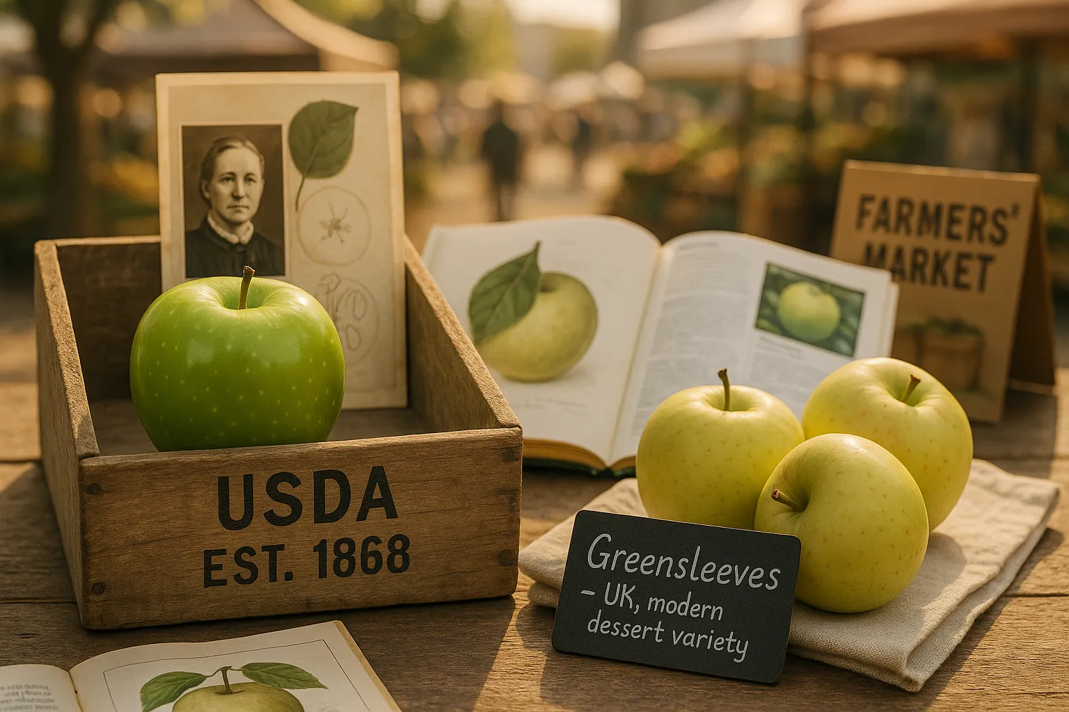 Two apples labeled Granny Smith and Greensleeves on a farmers’ market table.
