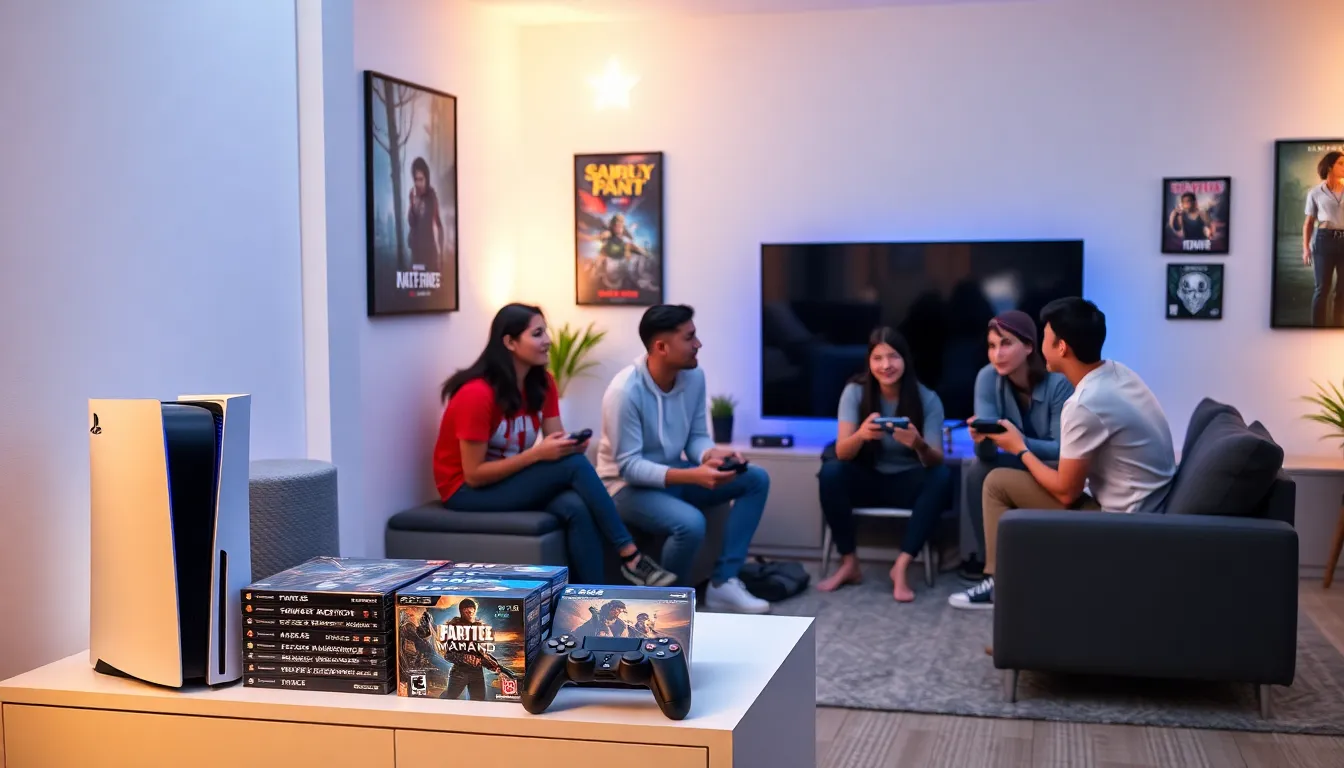 gamers enjoying PlayStation 5 with PS4 games in a modern setting.