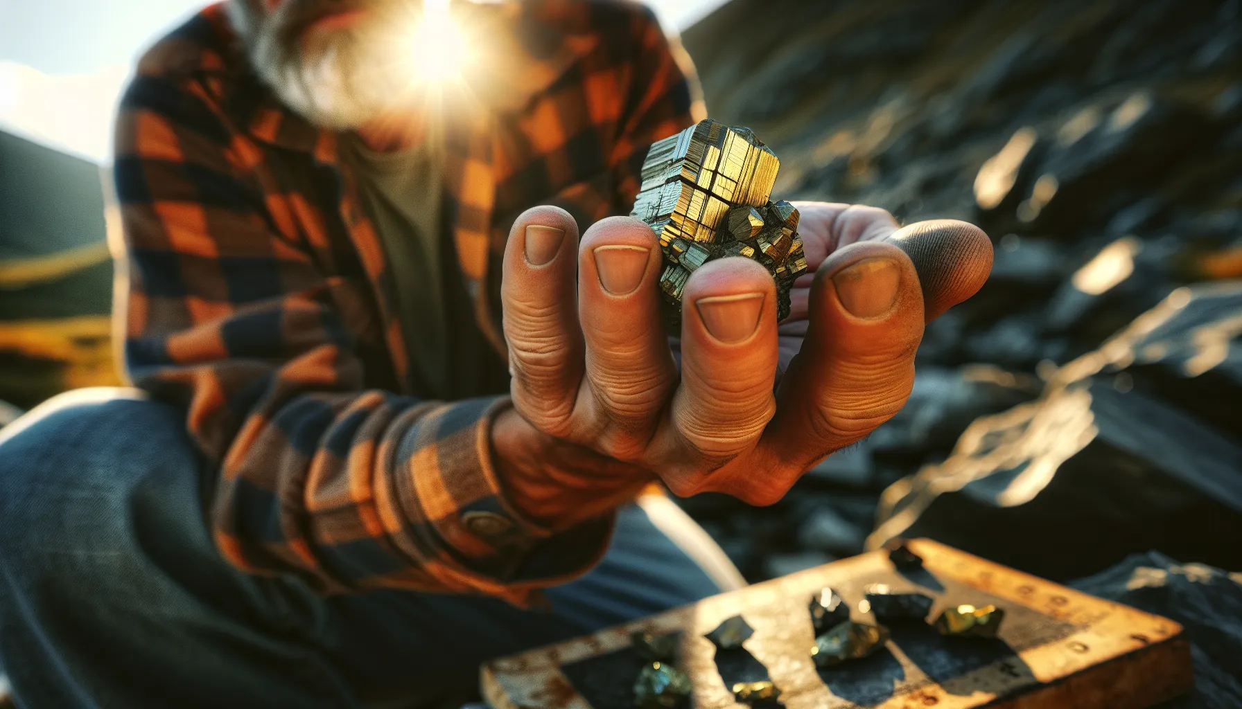 a man examining pyrite, showcasing its cubic shape and metallic luster.