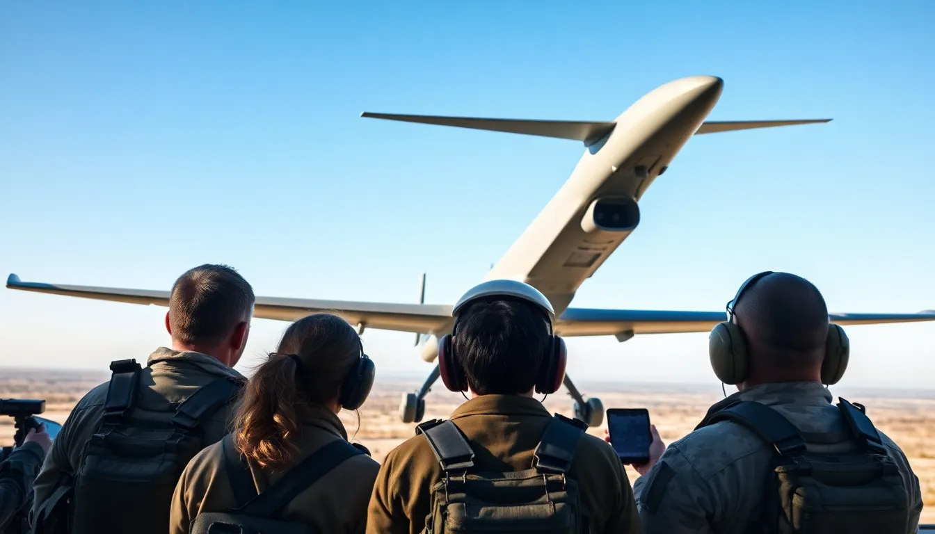 military personnel observing a drone in a clear sky.