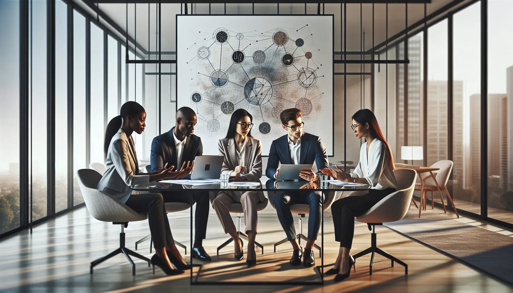 diverse team discussing cultural concepts in a modern office.