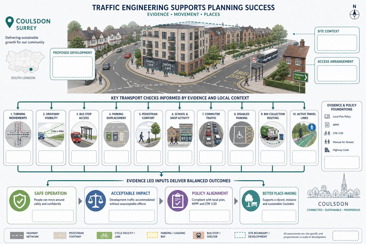 infographic showing traffic engineering factors for development planning in Coulsdon.