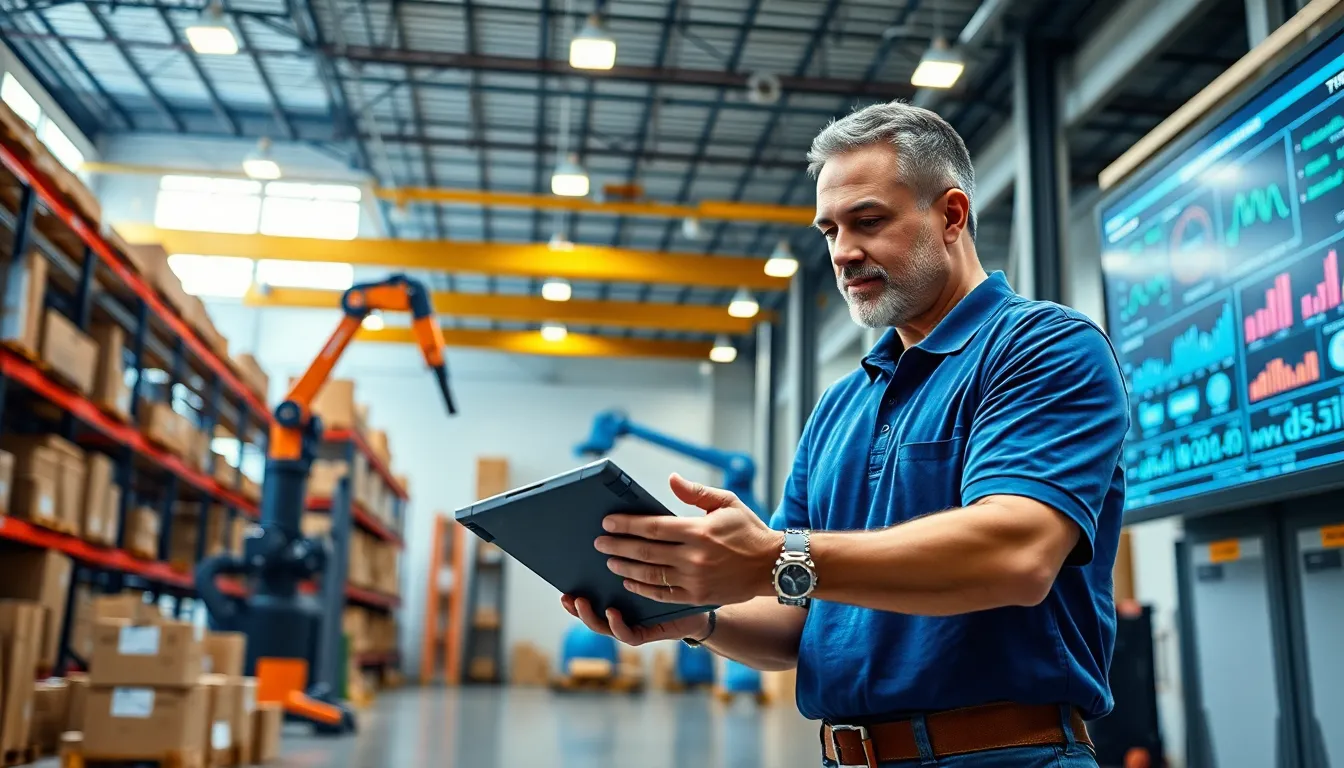 A warehouse manager using a tablet to manage inventory in a modern warehouse.