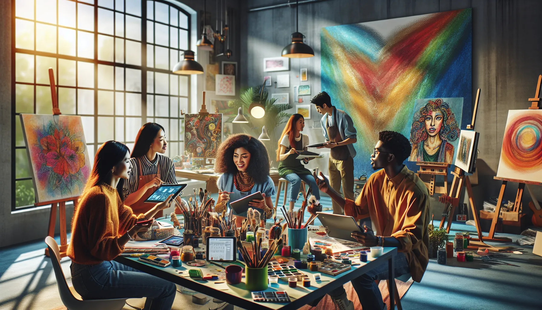 diverse creatives collaborating in a vibrant workspace.