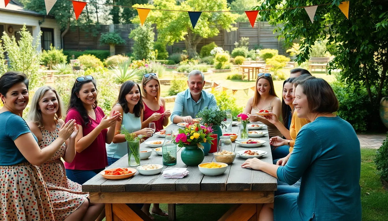 diverse community members enjoying a potluck in a garden setting.