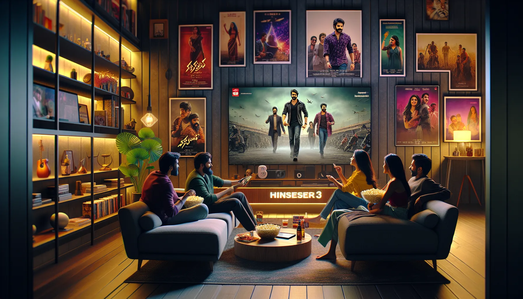 friends enjoying a Telugu movie at home with Zwap.org.