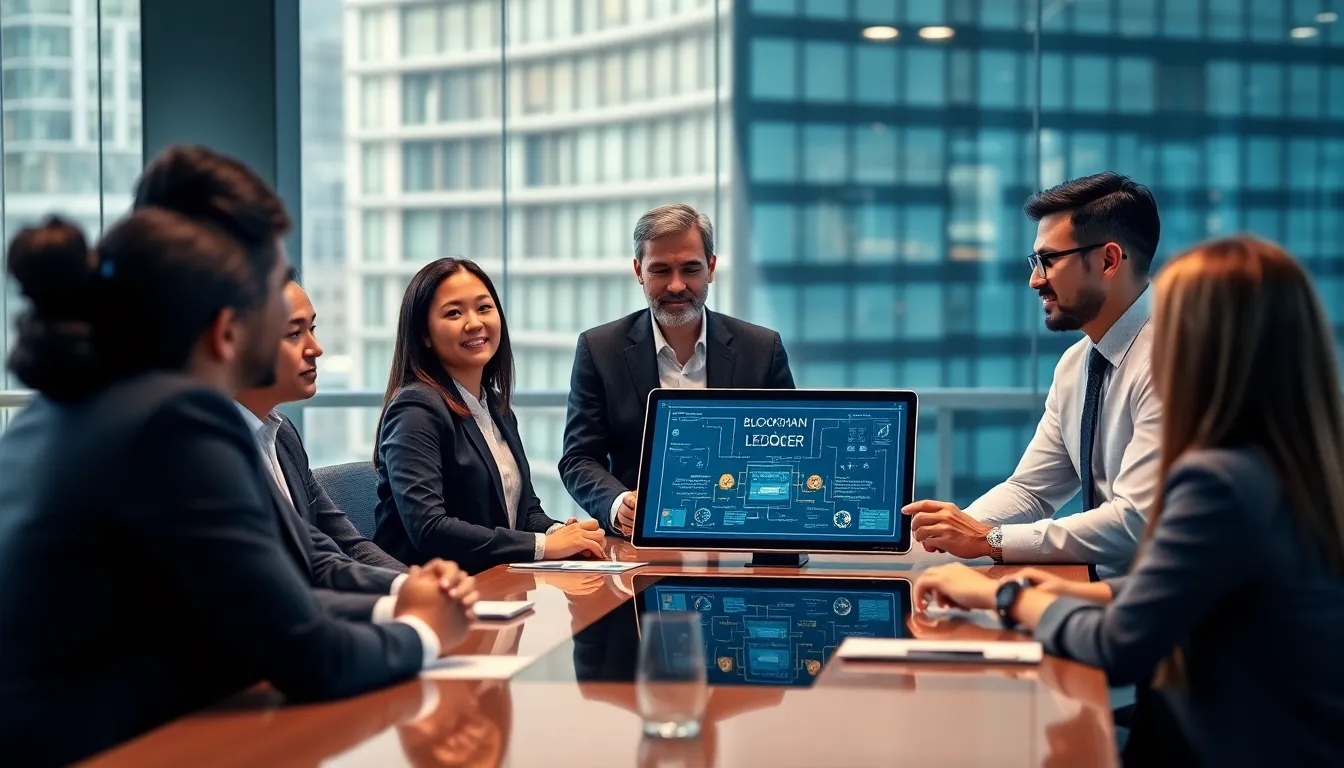 professionals discussing blockchain ledger in a modern office setting.