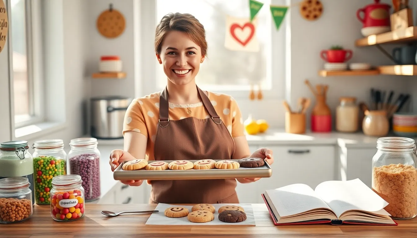 baker showcasing freshly baked cookies in a bright kitchen.