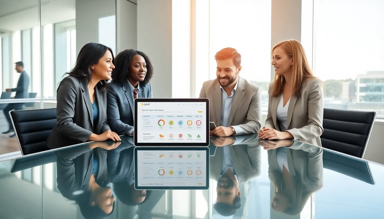 diverse team discussing in a modern office setting.