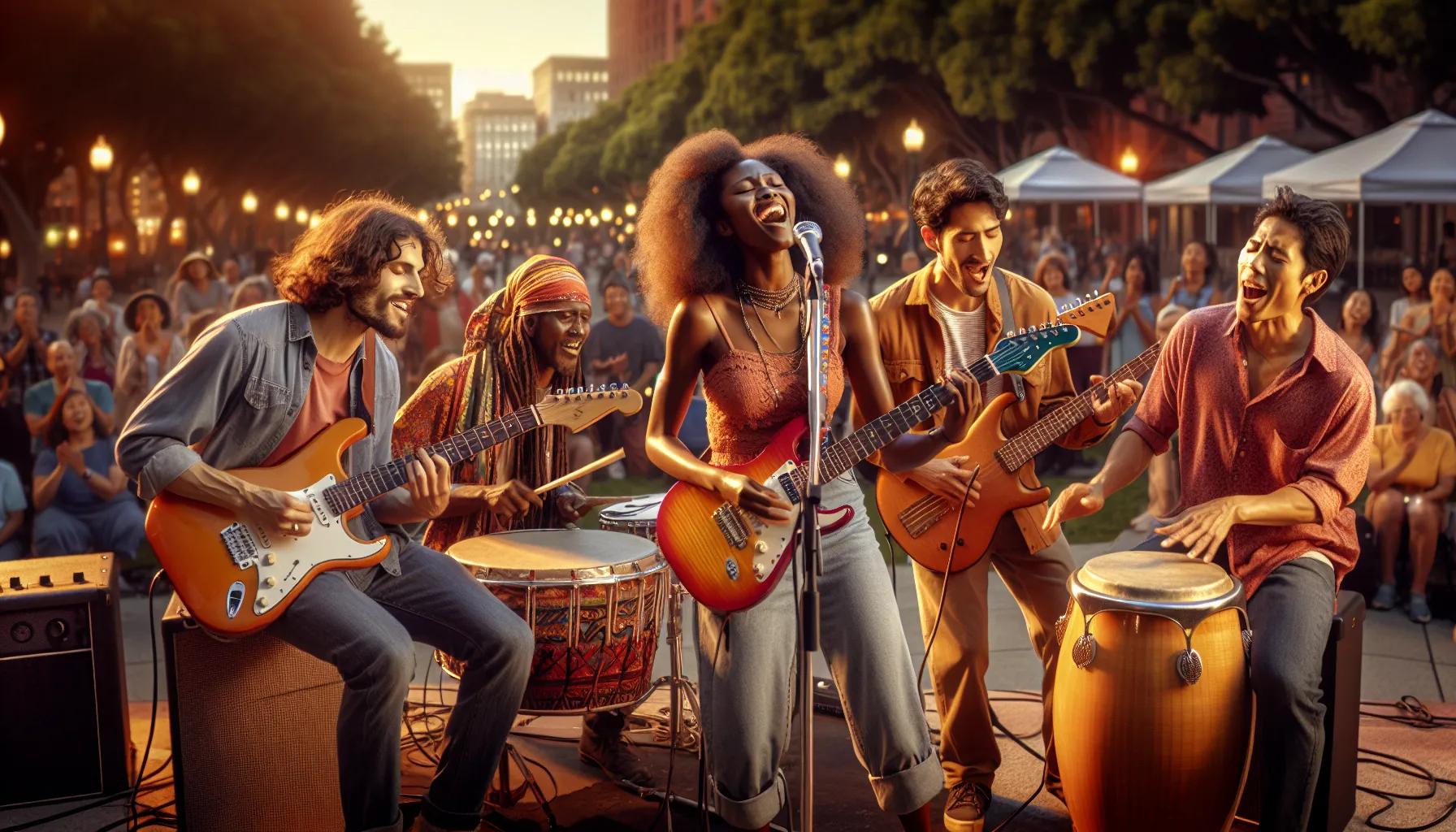 diverse musicians performing Hollsangg in an outdoor urban park.