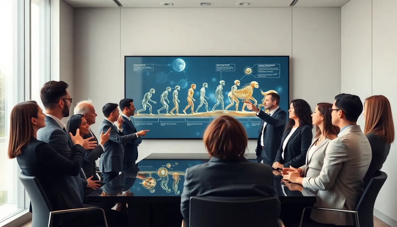 diverse professionals discussing human evolution in a modern conference room.