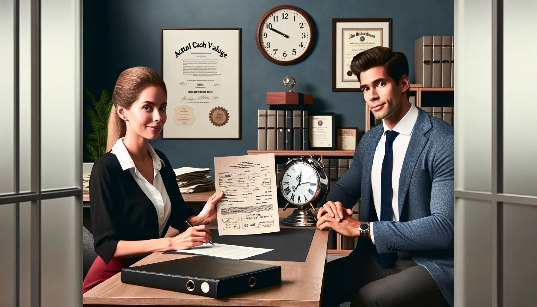 An insurance agent explains valuation concepts to a client in an office.