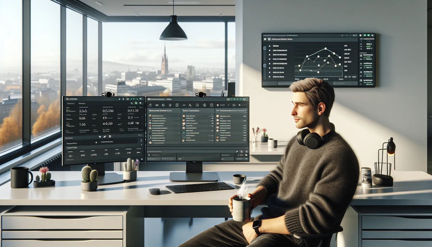 Norwegian data engineer reviews pipelines and joins morning standup call with coffee.