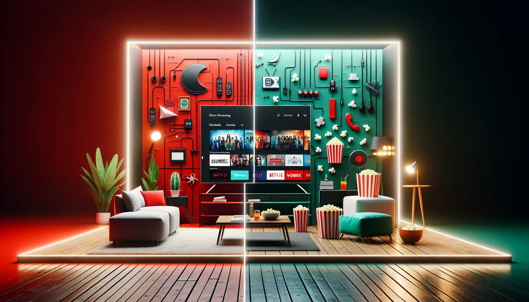 A comparative depiction of Netflix and Hulu user experiences in a modern home.