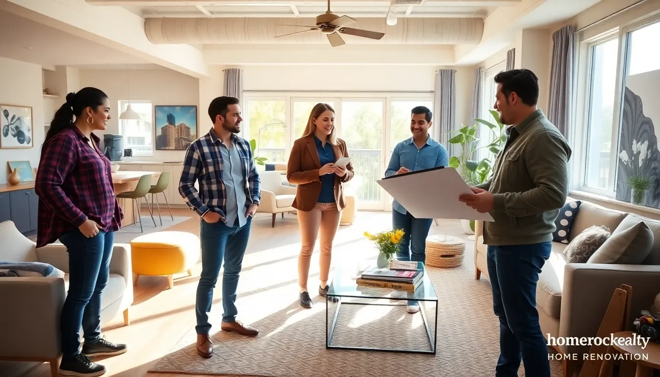 homeowners collaborating on a renovation project in a stylish living room.