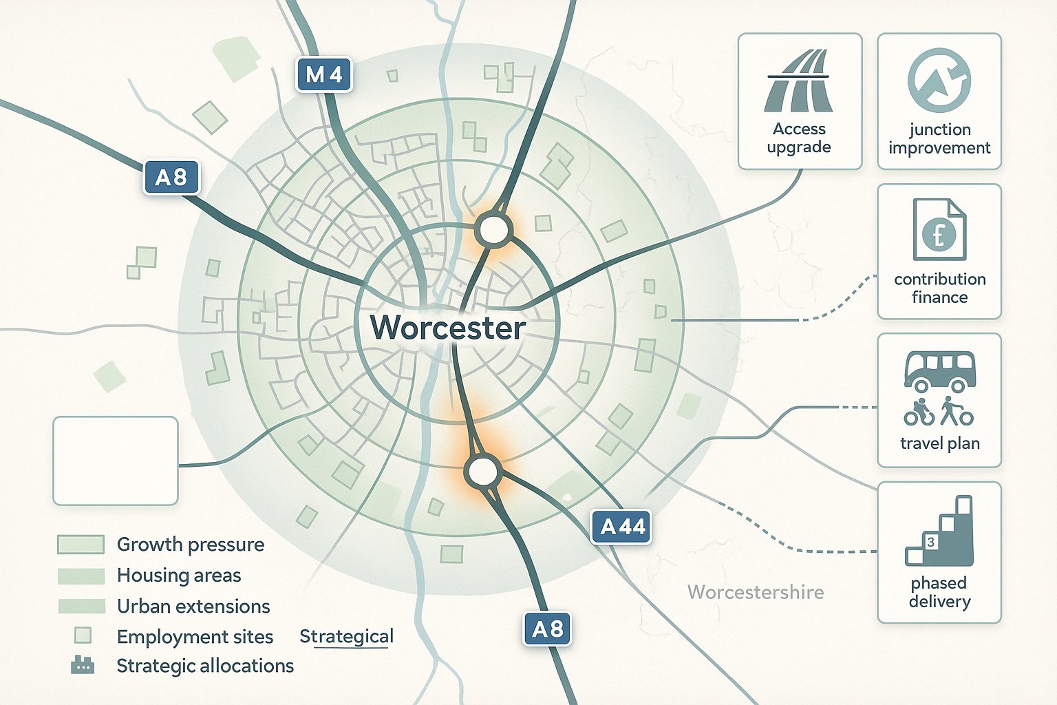Infographic map of Worcester growth corridors, M5 junctions, and transport mitigation measures.