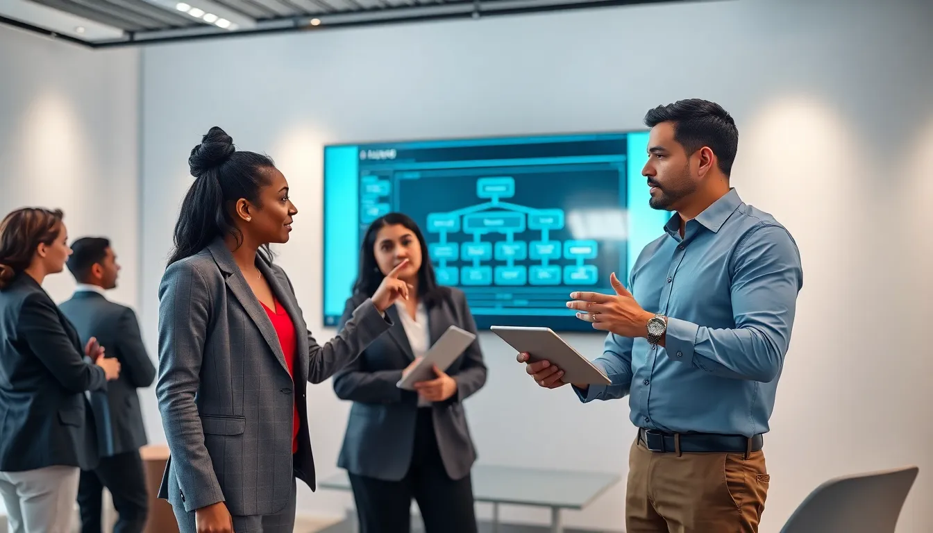 professionals discussing artificial intelligence architecture in a modern office.