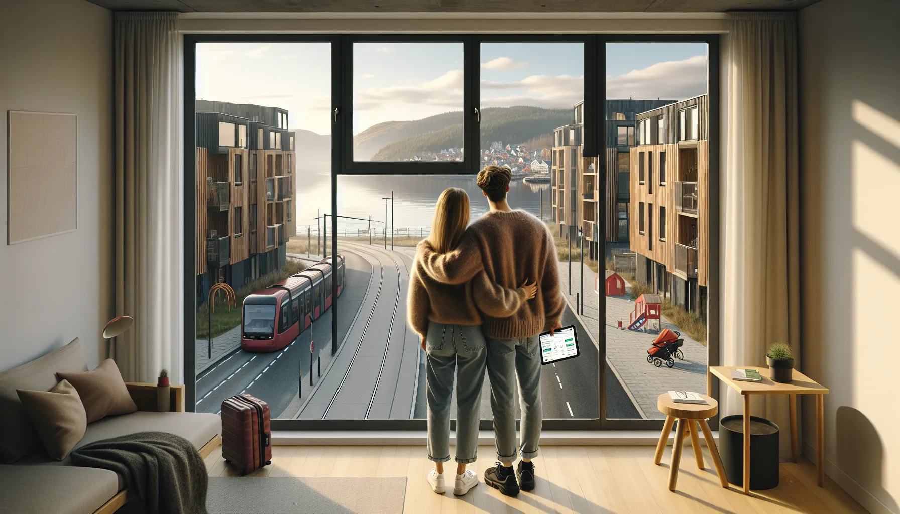 De beste regionene for førstegangskjøpere i norge 2 Young couple view a new-build apartment overlooking fjord, train, and playground.
