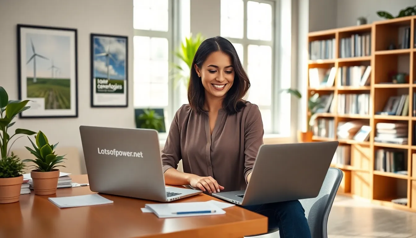 A woman working in an office focused on renewable energy solutions.