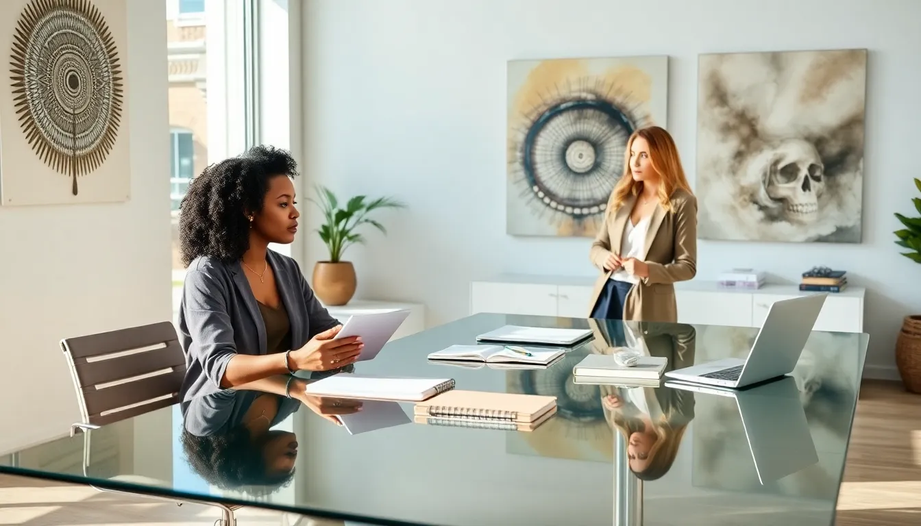 diverse professionals in a modern workspace focused on self-analysis.