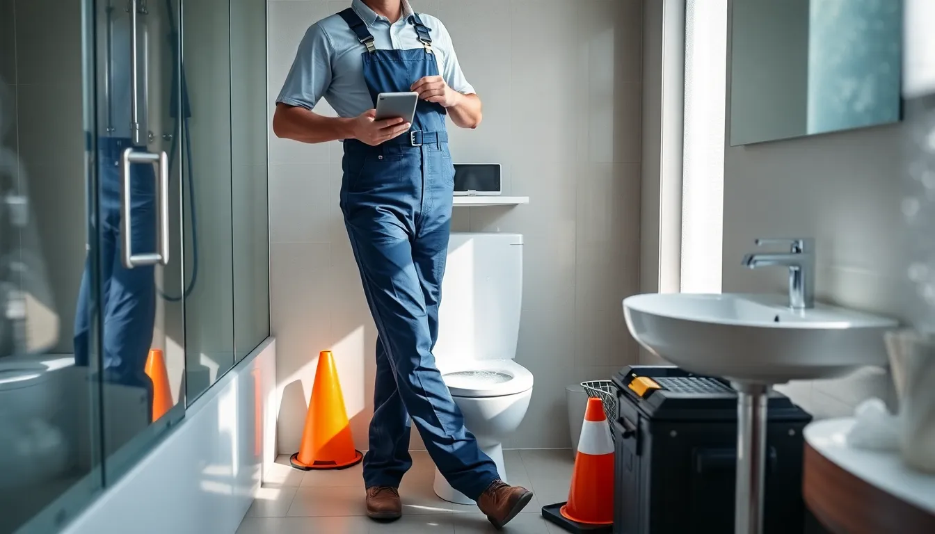 Emergency plumber assessing a blocked toilet in a modern Brisbane bathroom.