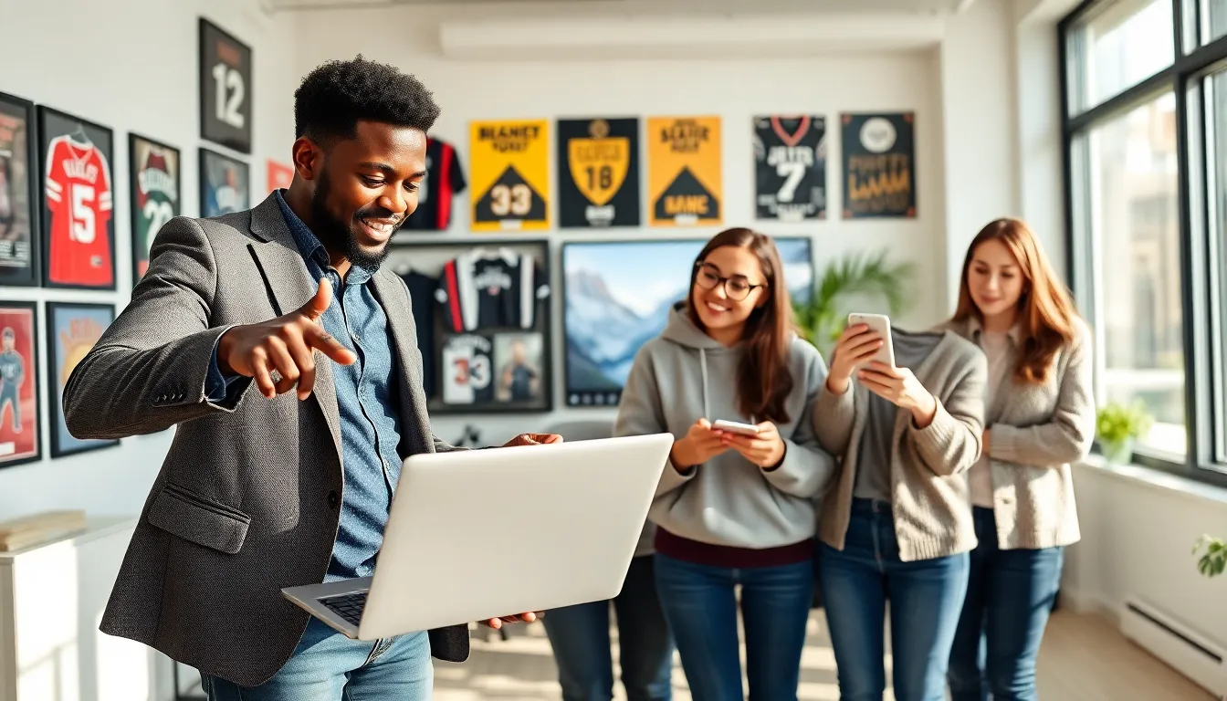 A group discussing the latest sports news in a modern office.