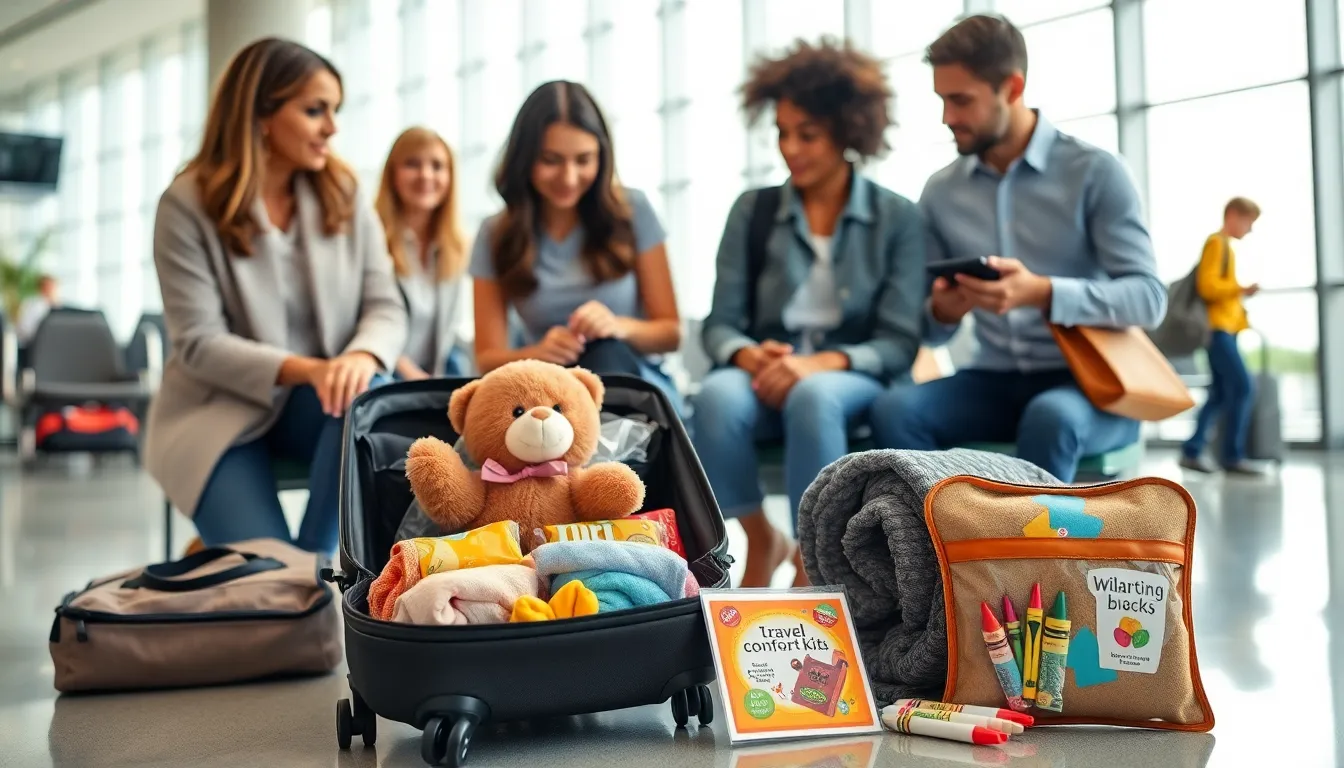 Parents packing a suitcase with toddler essentials in an airport.