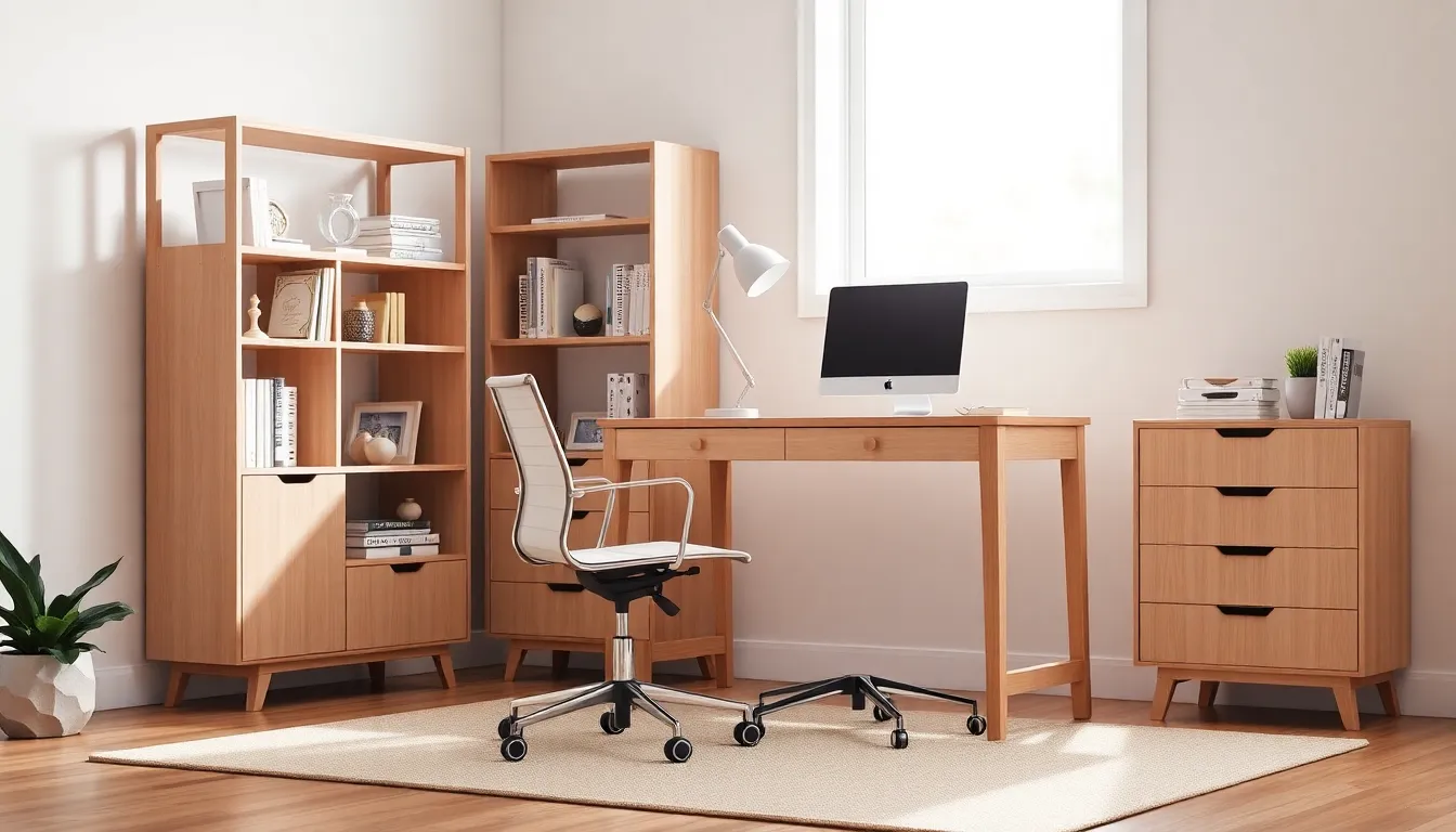 a stylish, cohesive home office with modern furniture.